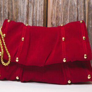 Red Velvet Wristlet with Gold Chain & Studs Snap Closure